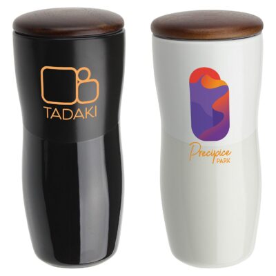 Adriano 12 Oz. Double Wall Ceramic Tumbler with Wood Lid