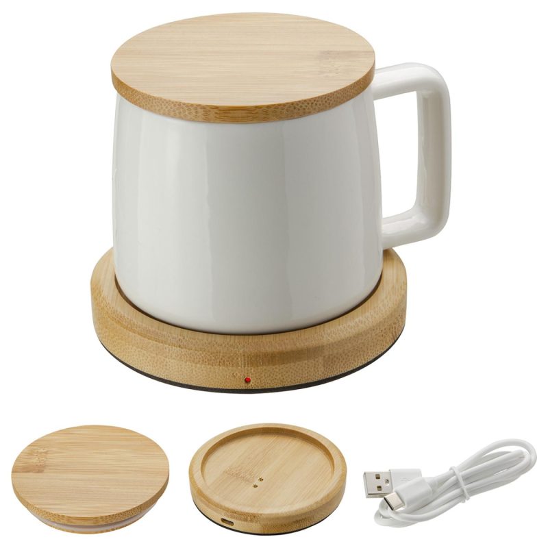 Bamboo Mug Warmer with 8 oz Ceramic Mug-2