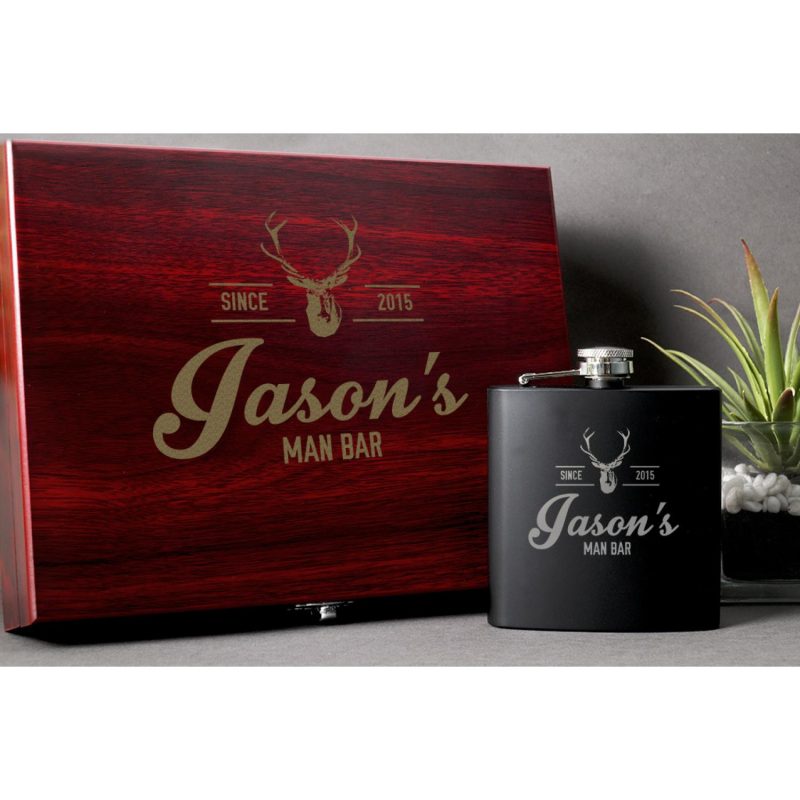 Black Flask Set in Rosewood Box-2