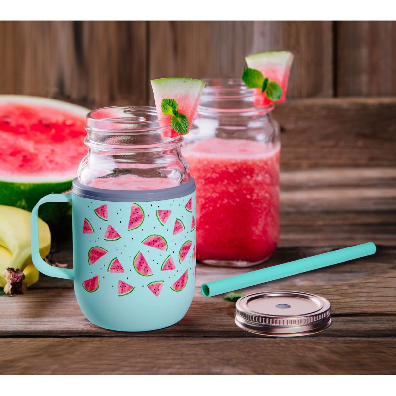 Watermelon and banana smoothie in mason jars with mint on woode Asobu® 16 Oz. Moonshine Jar-1