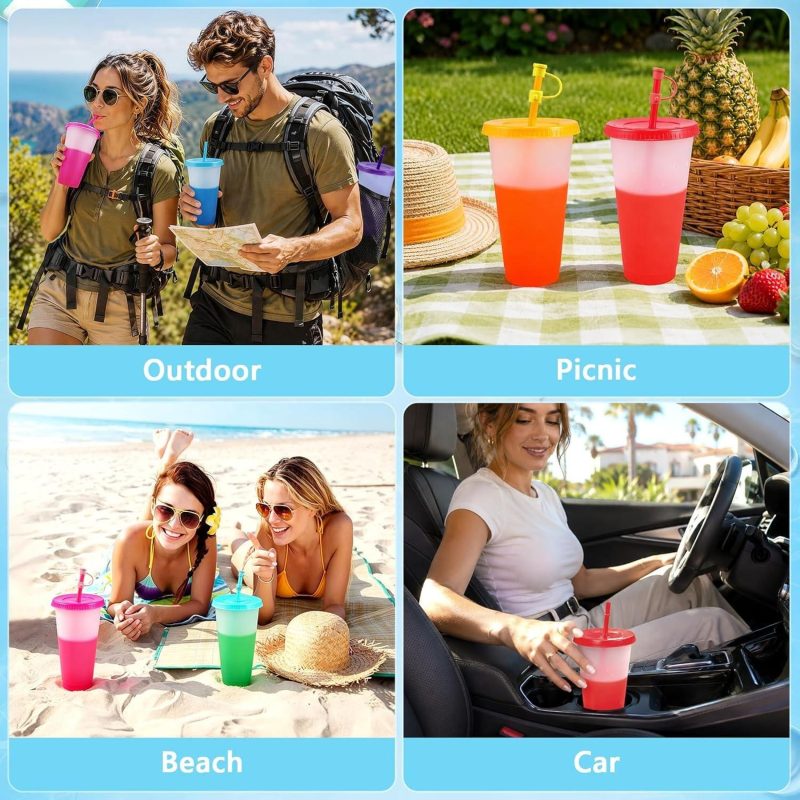 24 oz Reusable Plastic Color Changing Cup with Lid