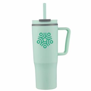 30 oz Double Wall Plastic Travel Mug with Handle & Straw-1